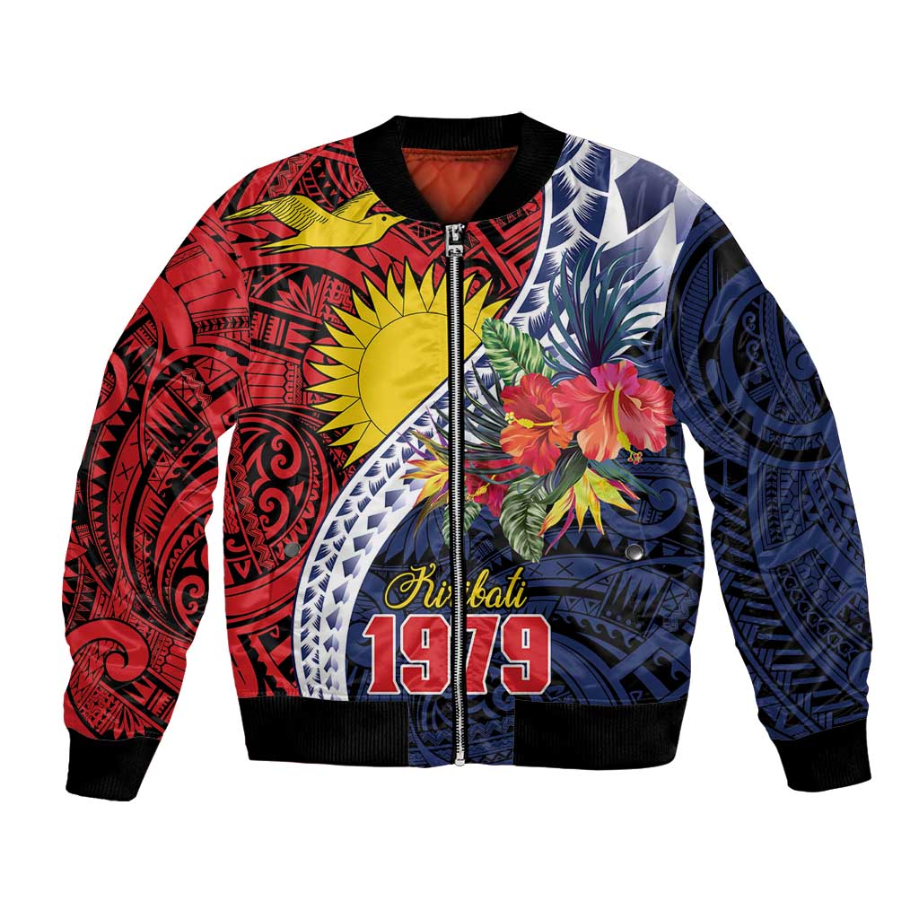 Flag of Kiribati Polynesian Pattern Bomber Jacket Est 1979 With Tropical Flowers
