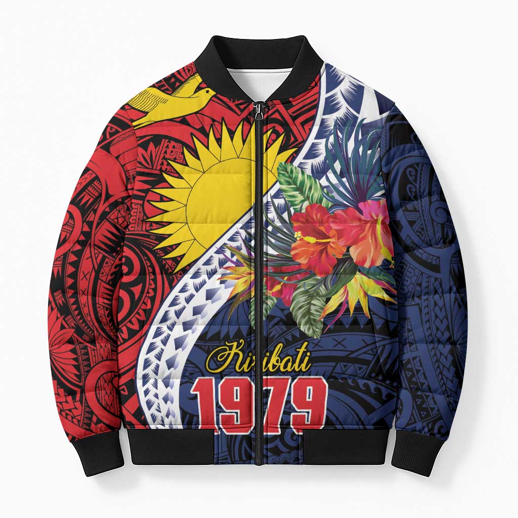 Flag of Kiribati Polynesian Pattern Bomber Puffer Jacket Est 1979 With Tropical Flowers - Polynesian Pride