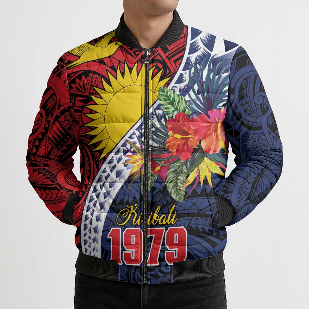 Flag of Kiribati Polynesian Pattern Bomber Puffer Jacket Est 1979 With Tropical Flowers - Polynesian Pride