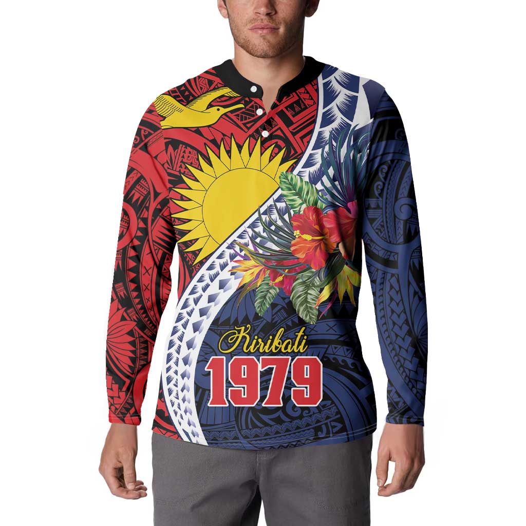 Flag of Kiribati Polynesian Pattern Button Sweatshirt Est 1979 With Tropical Flowers