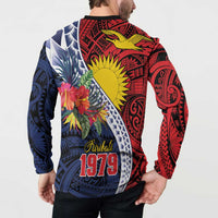 Flag of Kiribati Polynesian Pattern Button Sweatshirt Est 1979 With Tropical Flowers