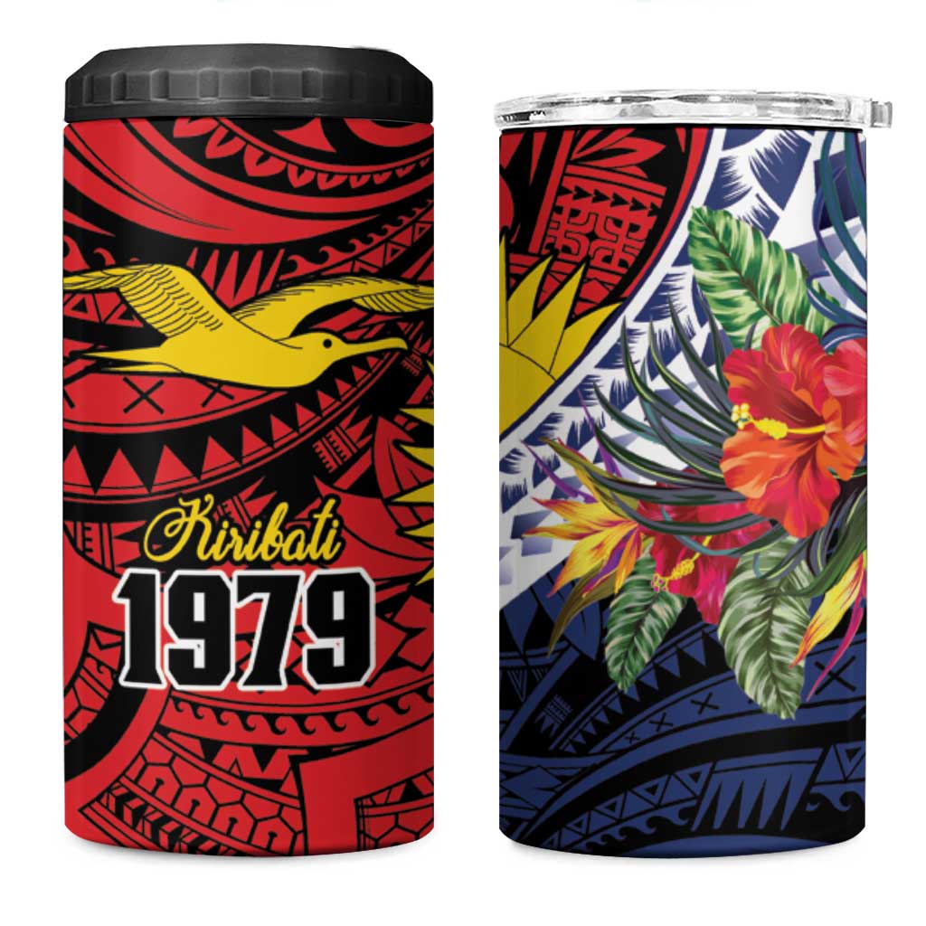Flag of Kiribati Polynesian Pattern 4 in 1 Can Cooler Tumbler Est 1979 With Tropical Flowers