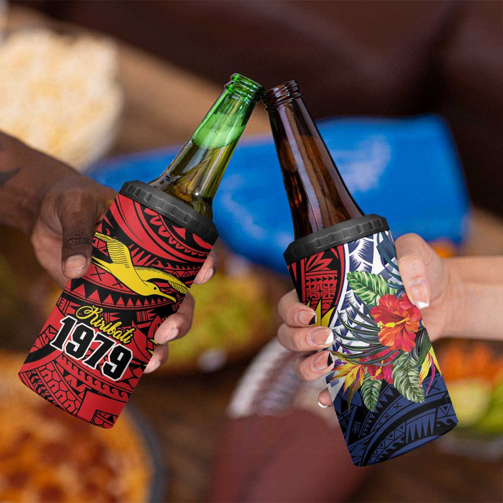 Flag of Kiribati Polynesian Pattern 4 in 1 Can Cooler Tumbler Est 1979 With Tropical Flowers