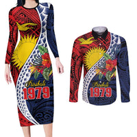 Flag of Kiribati Polynesian Pattern Couples Matching Long Sleeve Bodycon Dress and Long Sleeve Button Shirt Est 1979 With Tropical Flowers