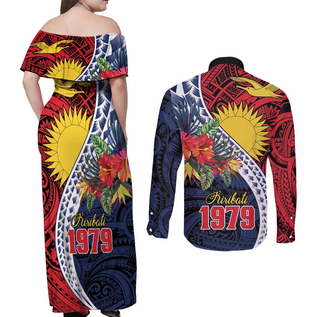 Flag of Kiribati Polynesian Pattern Couples Matching Off Shoulder Maxi Dress and Long Sleeve Button Shirt Est 1979 With Tropical Flowers