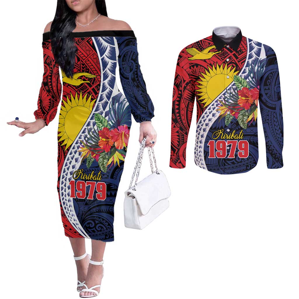 Flag of Kiribati Polynesian Pattern Couples Matching Off The Shoulder Long Sleeve Dress and Long Sleeve Button Shirt Est 1979 With Tropical Flowers