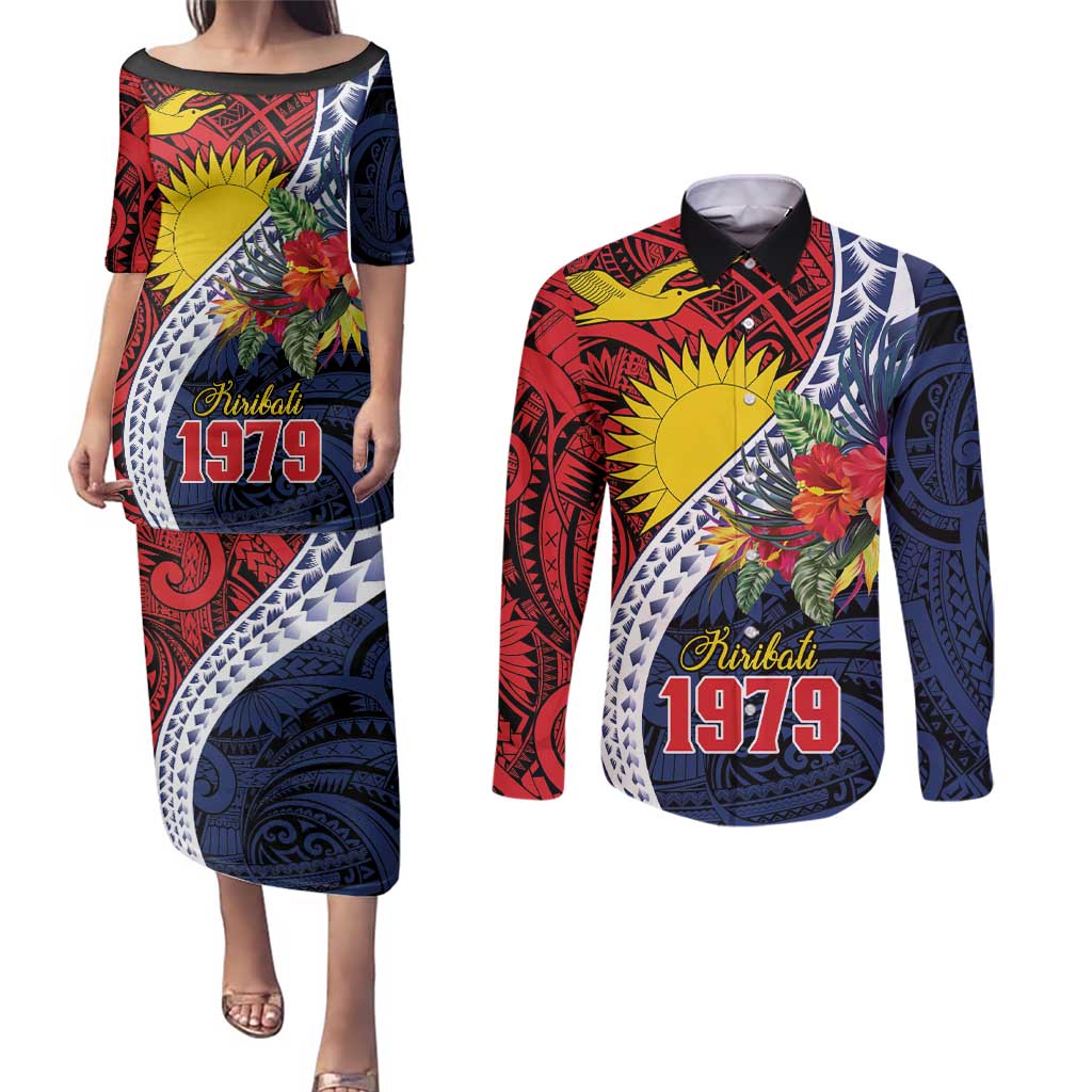 Flag of Kiribati Polynesian Pattern Couples Matching Puletasi and Long Sleeve Button Shirt Est 1979 With Tropical Flowers