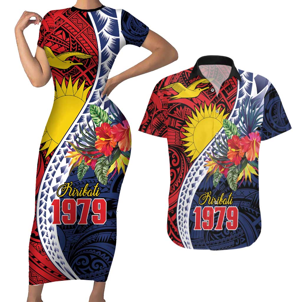 Flag of Kiribati Polynesian Pattern Couples Matching Short Sleeve Bodycon Dress and Hawaiian Shirt Est 1979 With Tropical Flowers