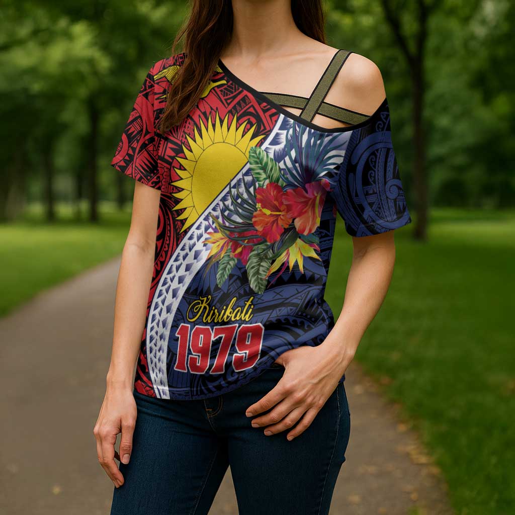 Flag of Kiribati Polynesian Pattern Cross Shoulder Shirt Est 1979 With Tropical Flowers - Polynesian Pride