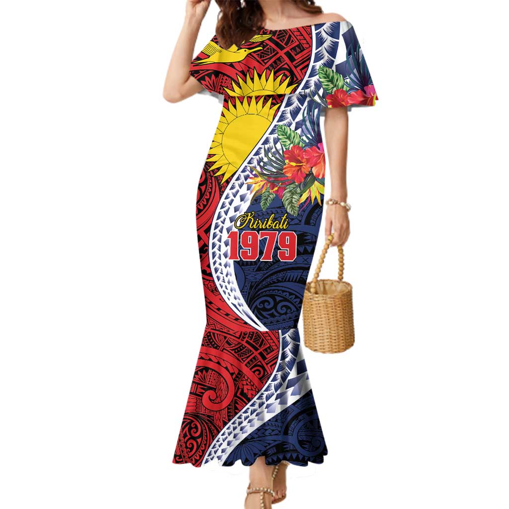 Flag of Kiribati Polynesian Pattern Family Matching Mermaid Dress and Hawaiian Shirt Est 1979 With Tropical Flowers