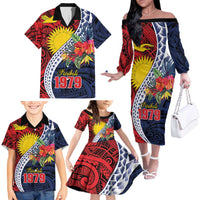 Flag of Kiribati Polynesian Pattern Family Matching Off The Shoulder Long Sleeve Dress and Hawaiian Shirt Est 1979 With Tropical Flowers