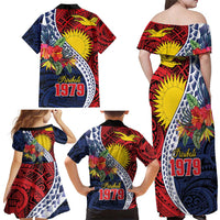 Flag of Kiribati Polynesian Pattern Family Matching Off Shoulder Maxi Dress and Hawaiian Shirt Est 1979 With Tropical Flowers