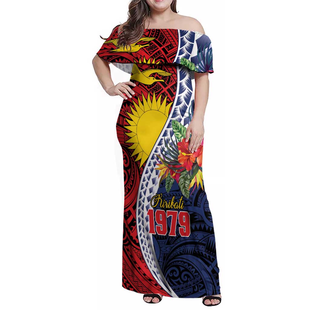 Flag of Kiribati Polynesian Pattern Family Matching Off Shoulder Maxi Dress and Hawaiian Shirt Est 1979 With Tropical Flowers