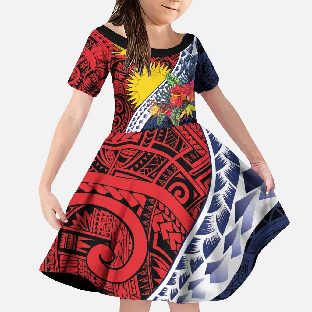 Flag of Kiribati Polynesian Pattern Family Matching Short Sleeve Bodycon Dress and Hawaiian Shirt Est 1979 With Tropical Flowers