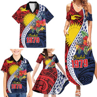 Flag of Kiribati Polynesian Pattern Family Matching Summer Maxi Dress and Hawaiian Shirt Est 1979 With Tropical Flowers
