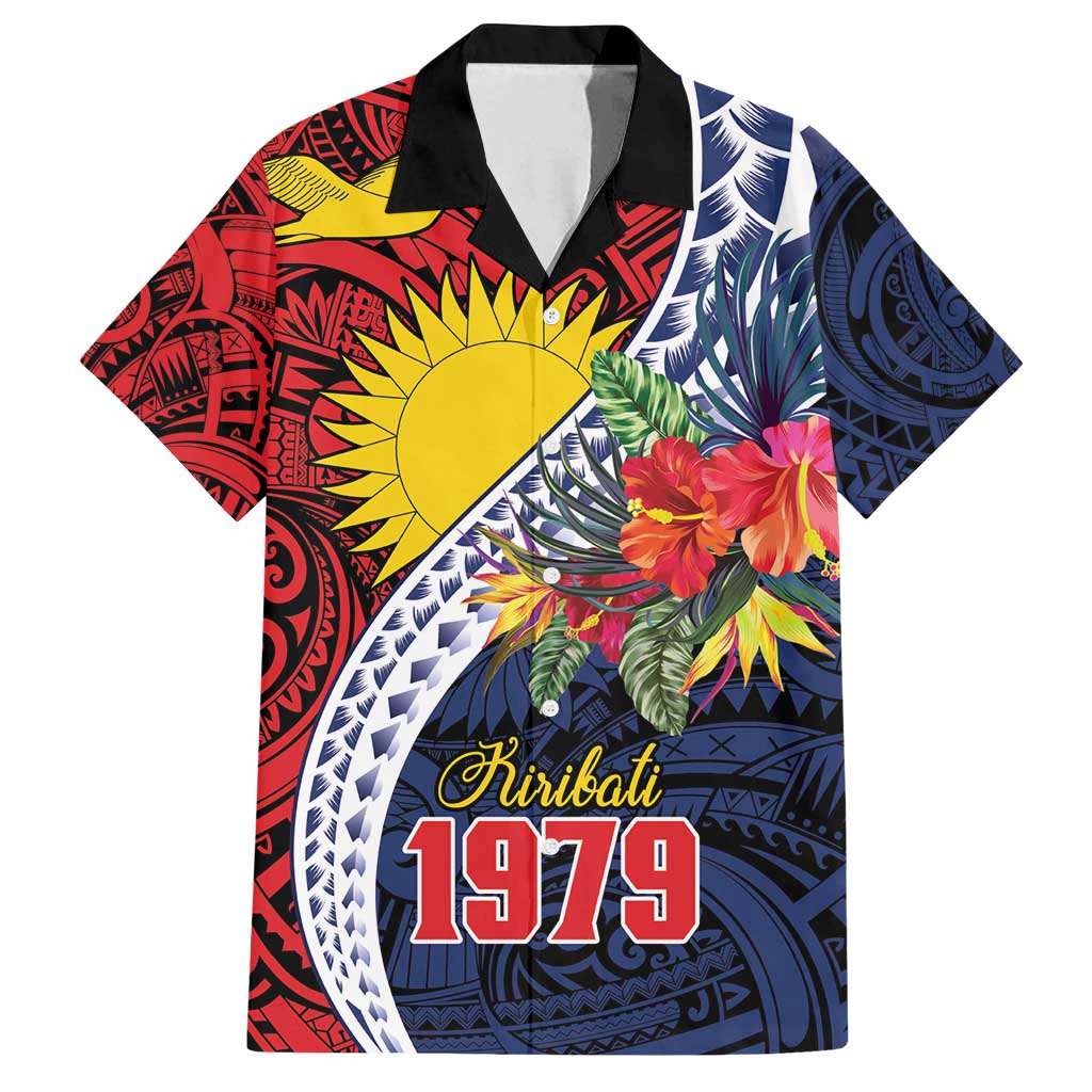 Flag of Kiribati Polynesian Pattern Family Matching Summer Maxi Dress and Hawaiian Shirt Est 1979 With Tropical Flowers