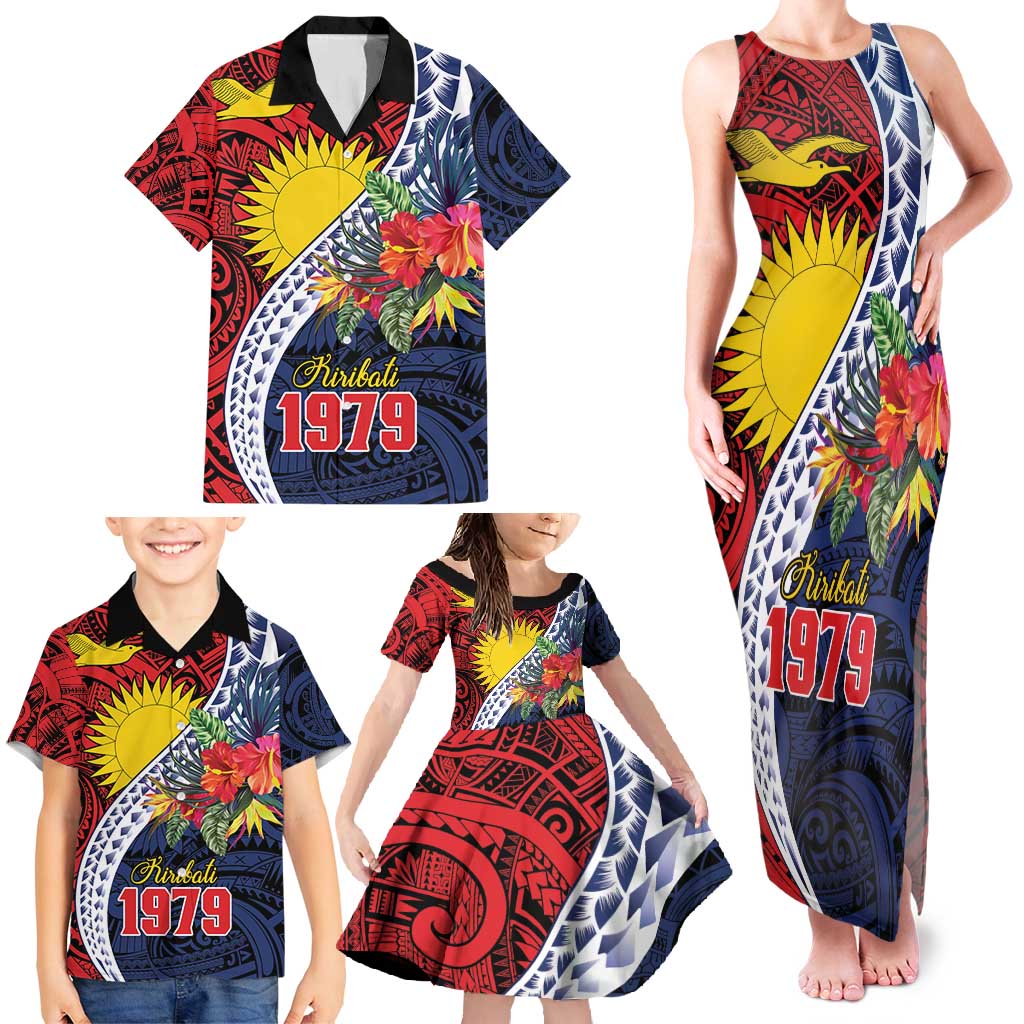 Flag of Kiribati Polynesian Pattern Family Matching Tank Maxi Dress and Hawaiian Shirt Est 1979 With Tropical Flowers
