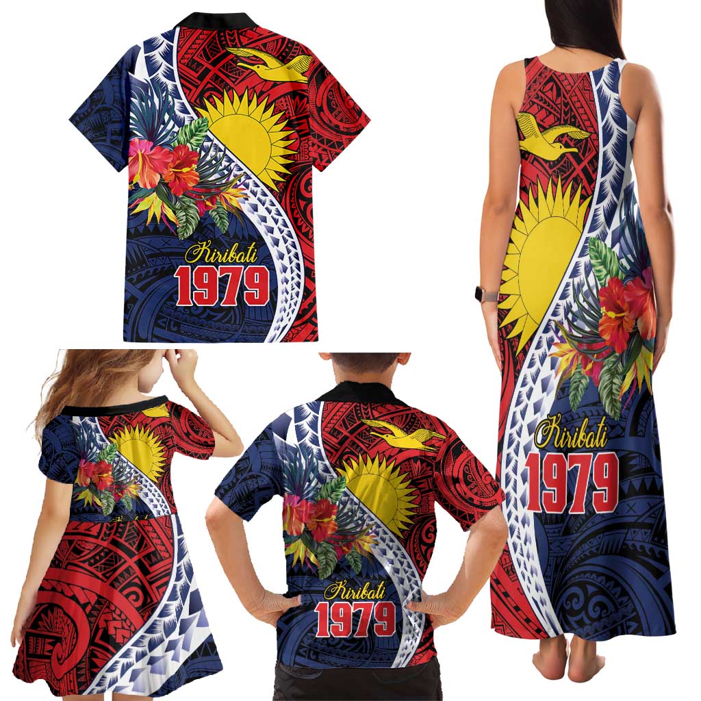 Flag of Kiribati Polynesian Pattern Family Matching Tank Maxi Dress and Hawaiian Shirt Est 1979 With Tropical Flowers