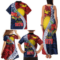 Flag of Kiribati Polynesian Pattern Family Matching Tank Maxi Dress and Hawaiian Shirt Est 1979 With Tropical Flowers