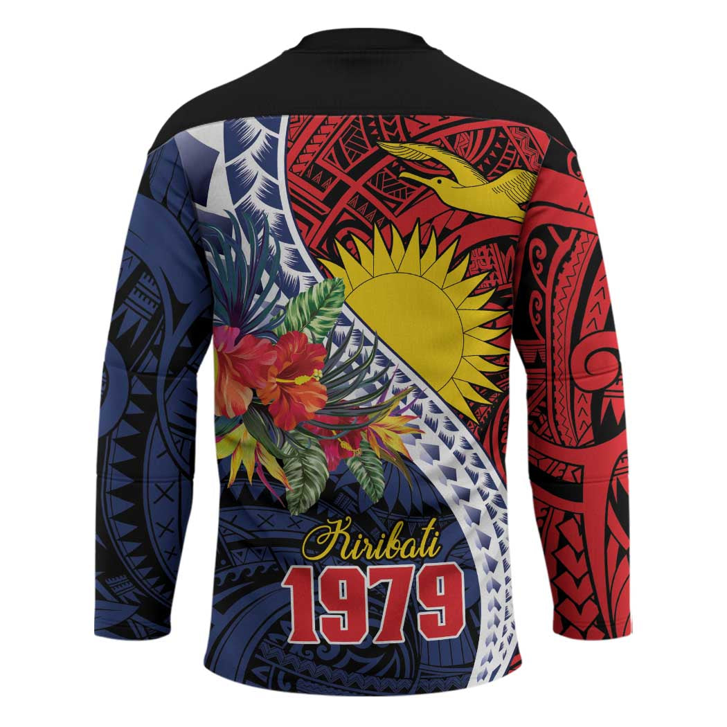 Flag of Kiribati Polynesian Pattern Hockey Jersey Est 1979 With Tropical Flowers LT9 - Polynesian Pride