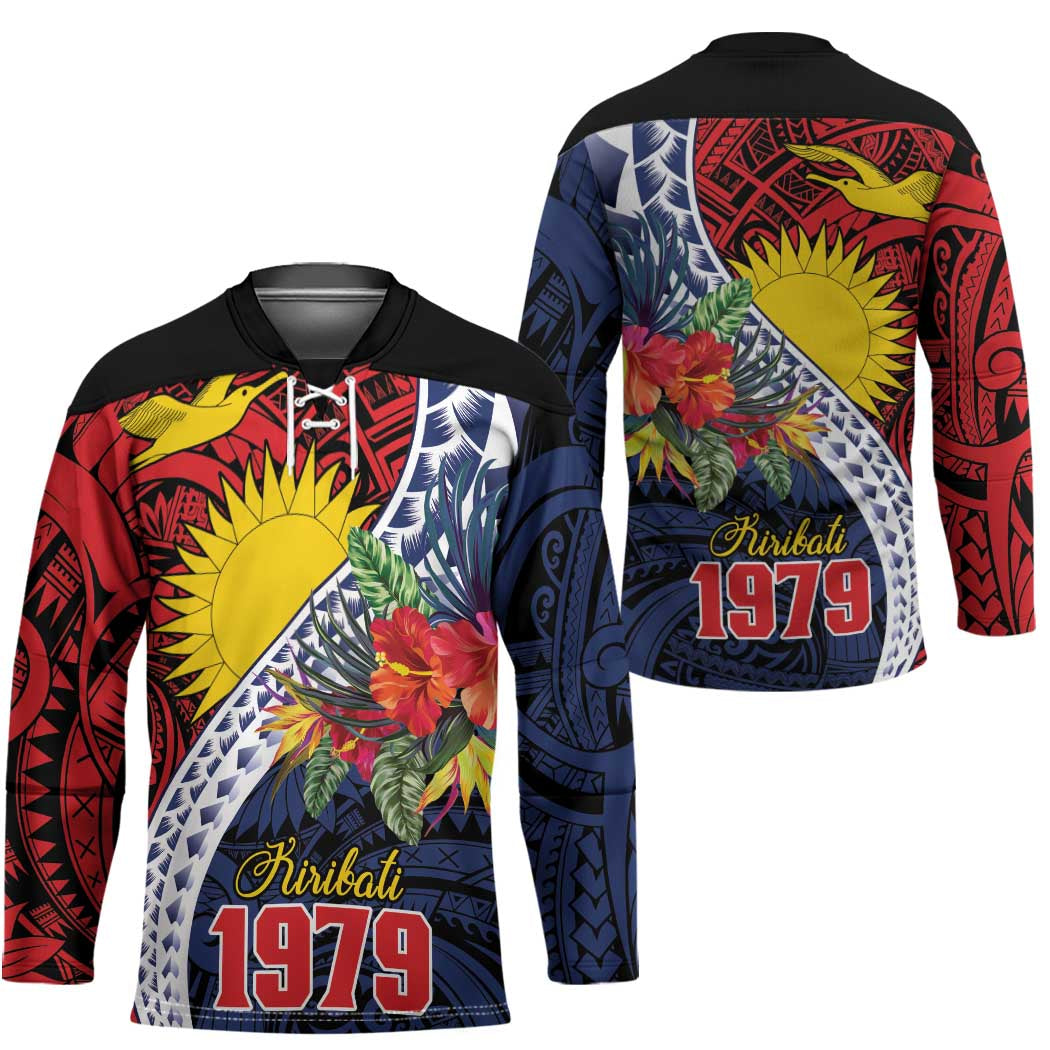 Flag of Kiribati Polynesian Pattern Hockey Jersey Est 1979 With Tropical Flowers LT9 - Polynesian Pride