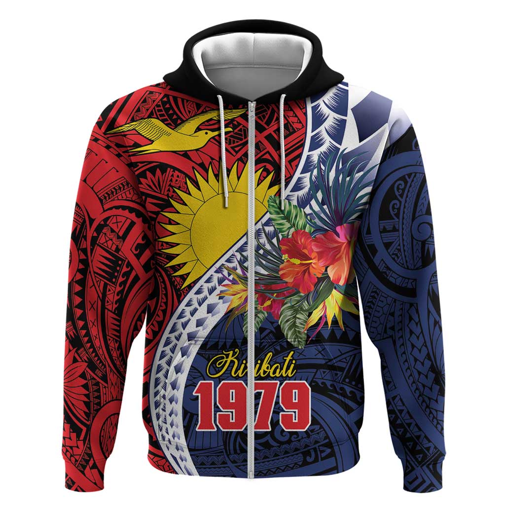 Flag of Kiribati Polynesian Pattern Hoodie Est 1979 With Tropical Flowers