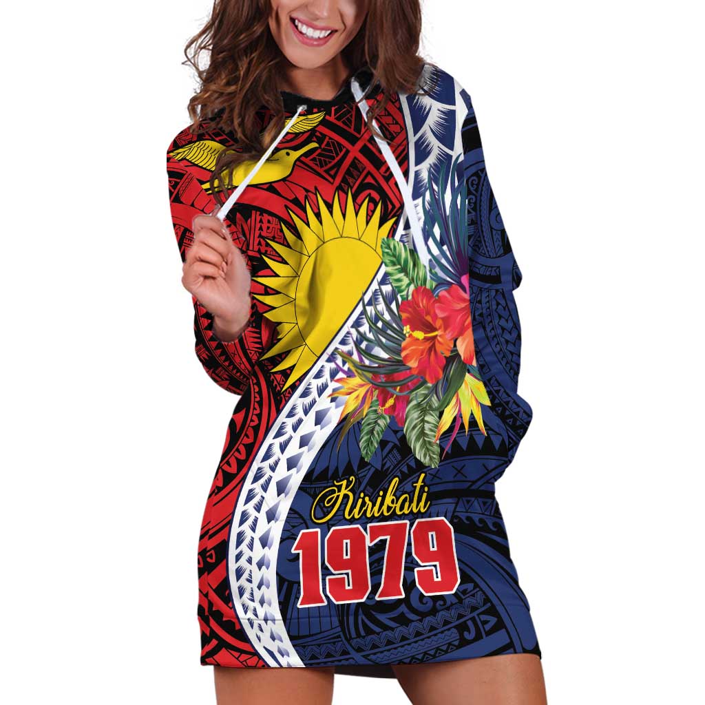 Flag of Kiribati Polynesian Pattern Hoodie Dress Est 1979 With Tropical Flowers