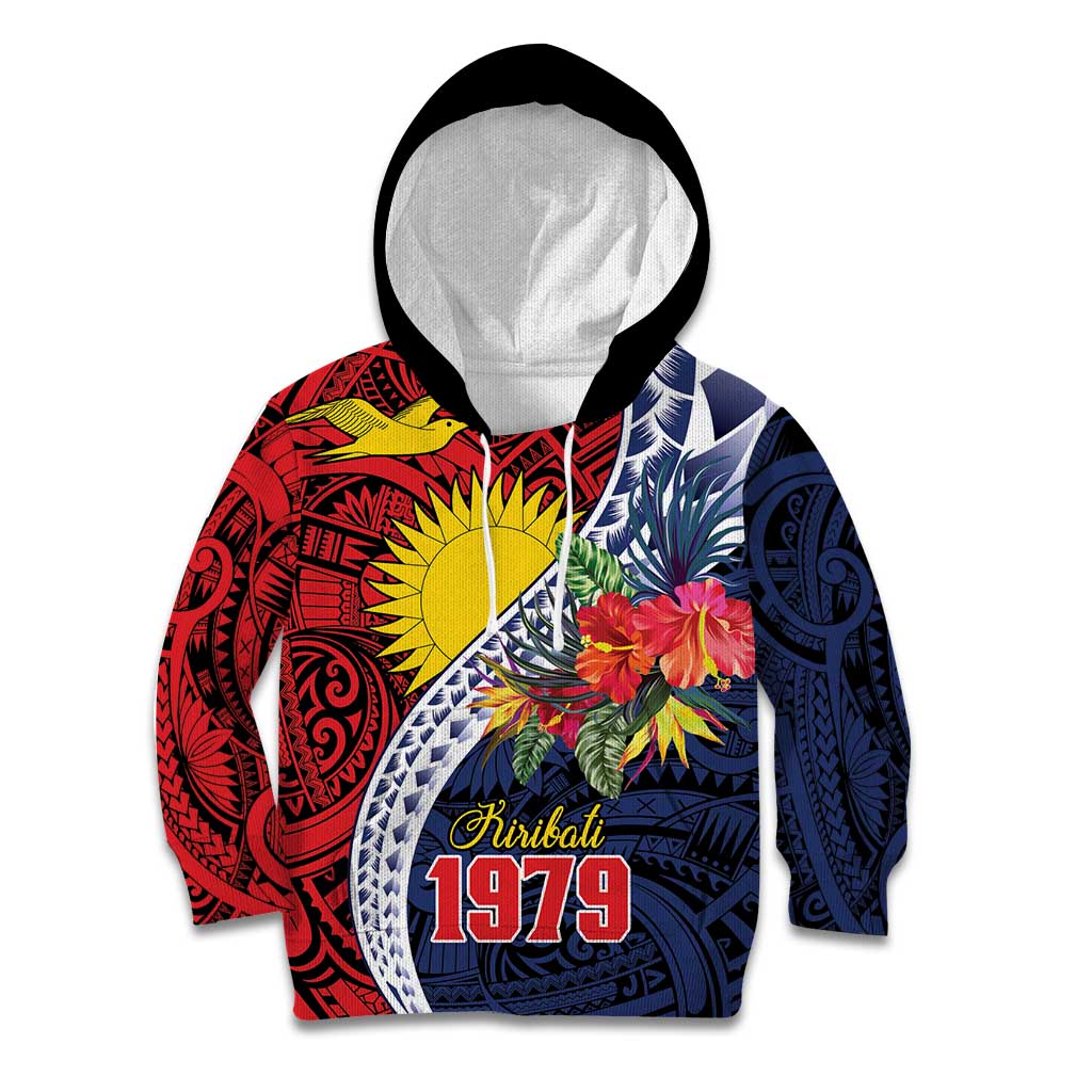 Flag of Kiribati Polynesian Pattern Kid Hoodie Est 1979 With Tropical Flowers