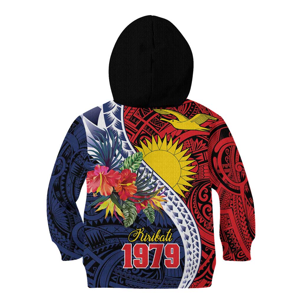 Flag of Kiribati Polynesian Pattern Kid Hoodie Est 1979 With Tropical Flowers