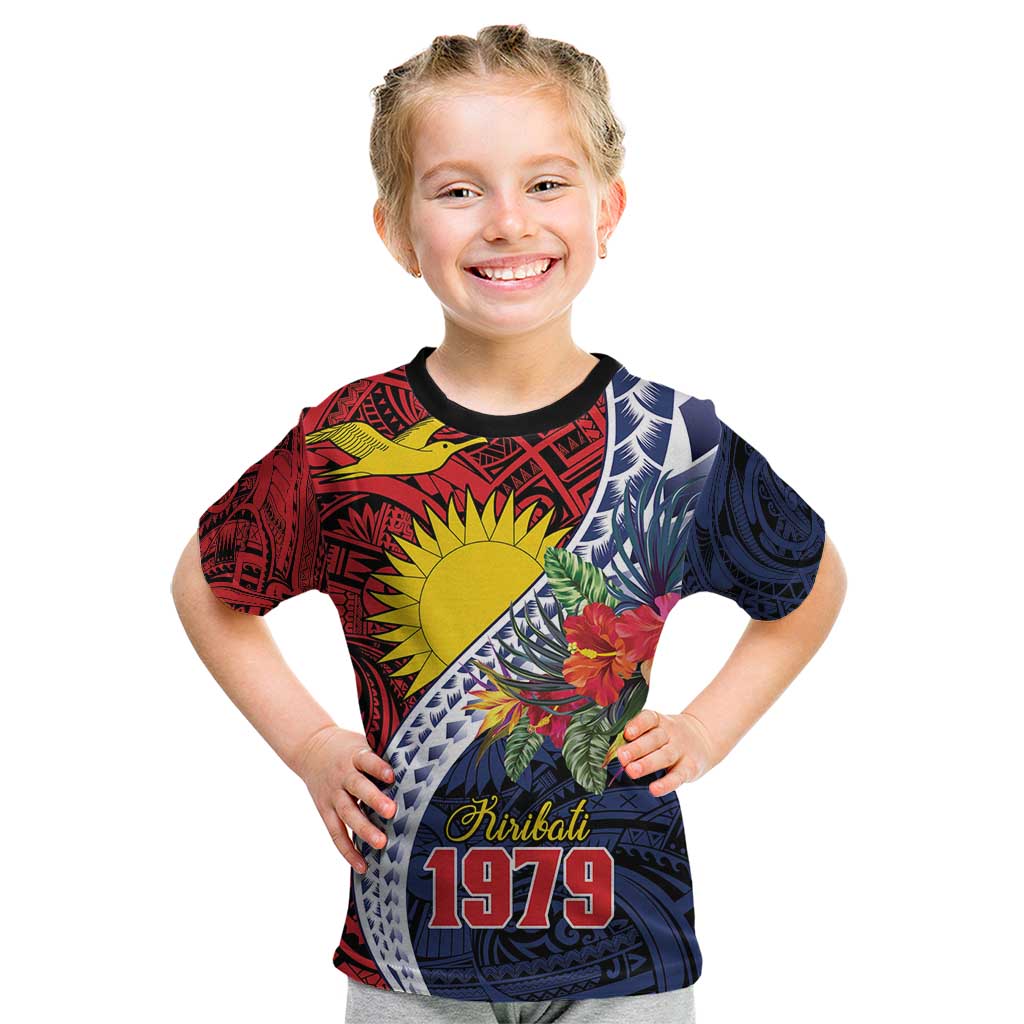 Flag of Kiribati Polynesian Pattern Kid T Shirt Est 1979 With Tropical Flowers