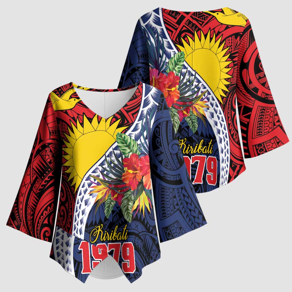 Flag of Kiribati Polynesian Pattern Kimono Sleeve Blouse Est 1979 With Tropical Flowers - Polynesian Pride