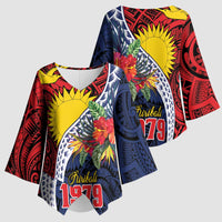 Flag of Kiribati Polynesian Pattern Kimono Sleeve Blouse Est 1979 With Tropical Flowers - Polynesian Pride