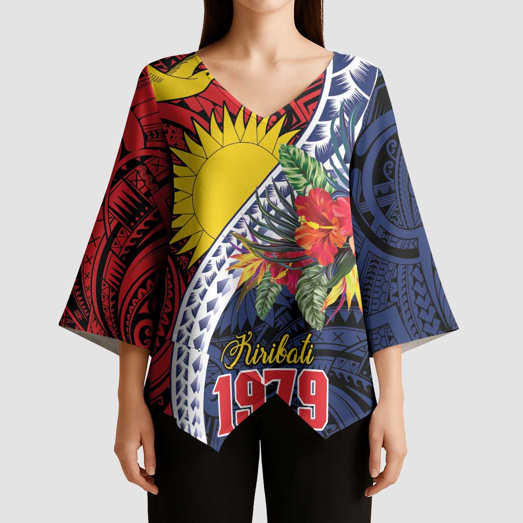 Flag of Kiribati Polynesian Pattern Kimono Sleeve Blouse Est 1979 With Tropical Flowers - Polynesian Pride