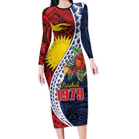 Flag of Kiribati Polynesian Pattern Long Sleeve Bodycon Dress Est 1979 With Tropical Flowers