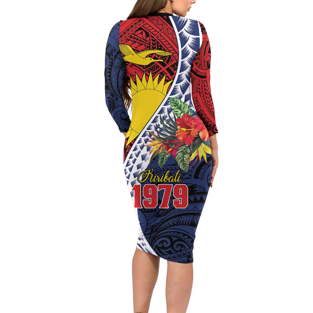 Flag of Kiribati Polynesian Pattern Long Sleeve Bodycon Dress Est 1979 With Tropical Flowers