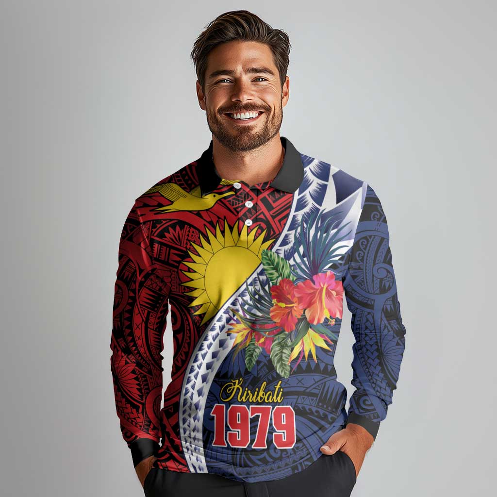 Flag of Kiribati Polynesian Pattern Long Sleeve Polo Shirt Est 1979 With Tropical Flowers