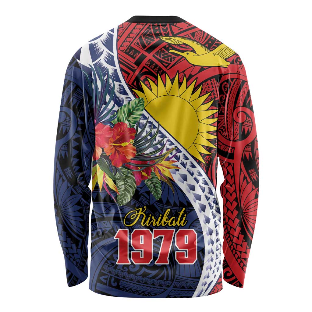 Flag of Kiribati Polynesian Pattern Long Sleeve Shirt Est 1979 With Tropical Flowers