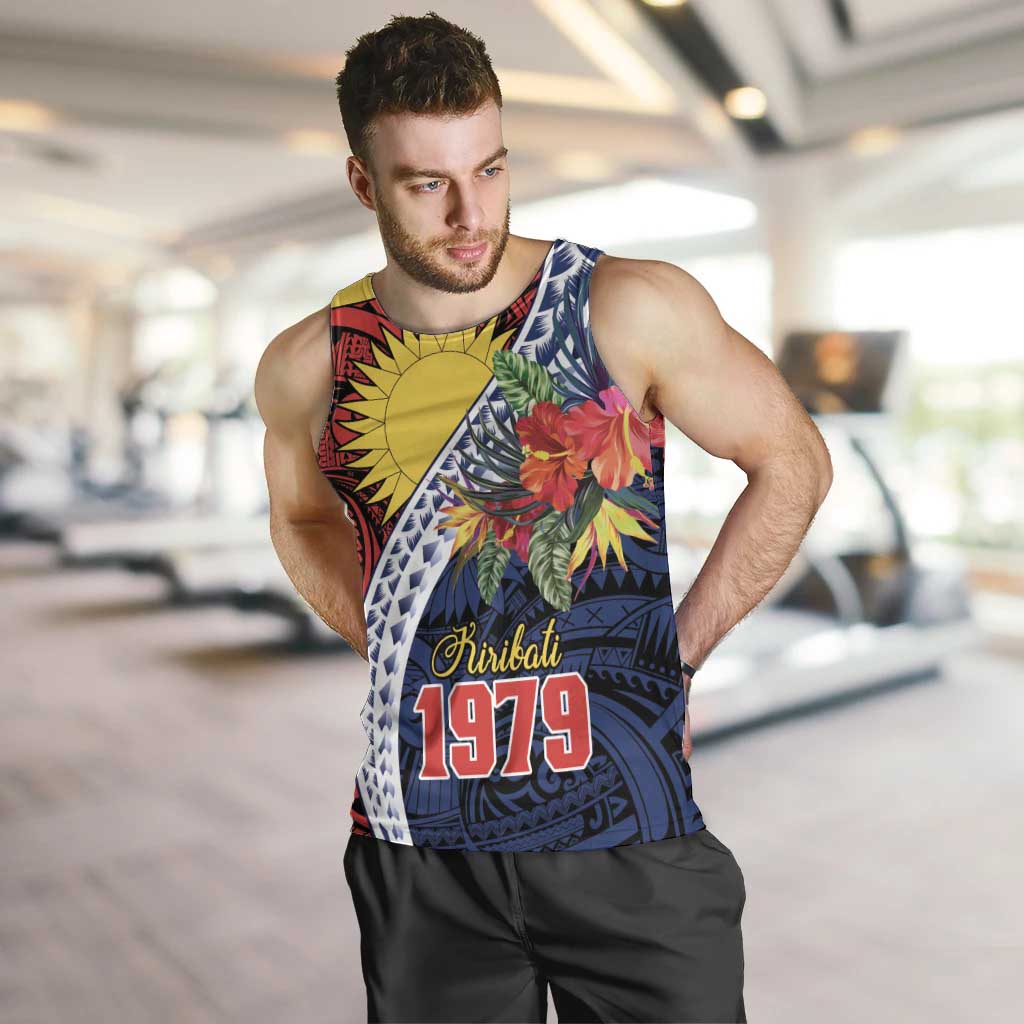 Flag of Kiribati Polynesian Pattern Men Tank Top Est 1979 With Tropical Flowers