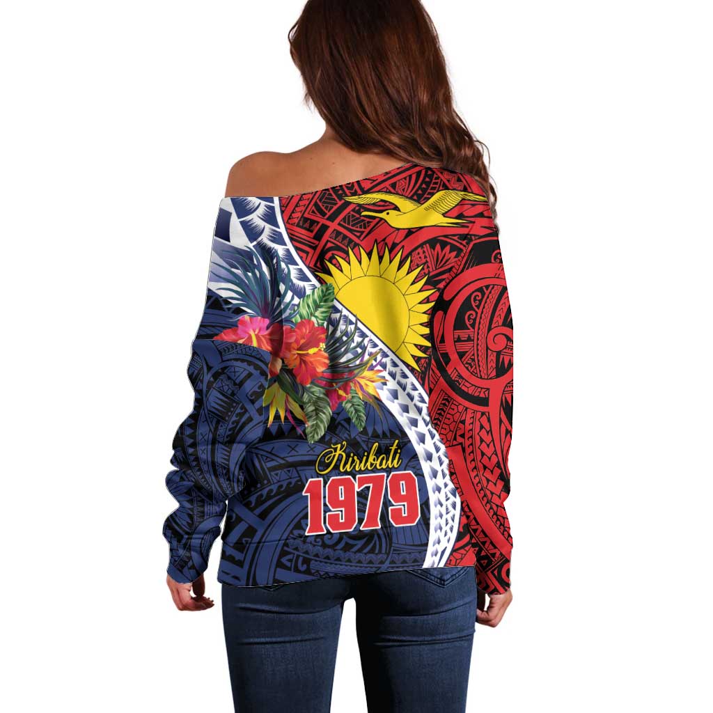 Flag of Kiribati Polynesian Pattern Off Shoulder Sweater Est 1979 With Tropical Flowers