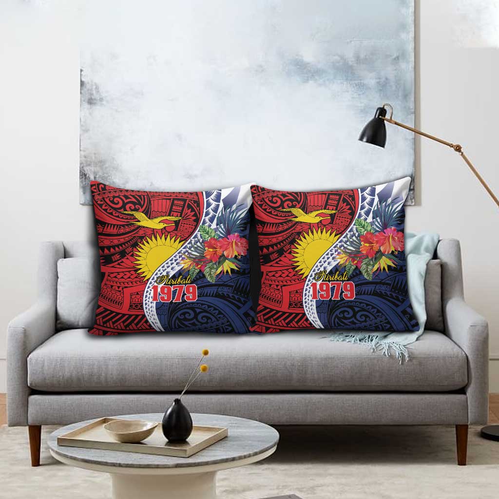 Flag of Kiribati Polynesian Pattern Pillow Cover Est 1979 With Tropical Flowers - Polynesian Pride