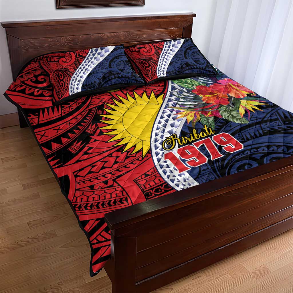 Flag of Kiribati Polynesian Pattern Quilt Bed Set Est 1979 With Tropical Flowers