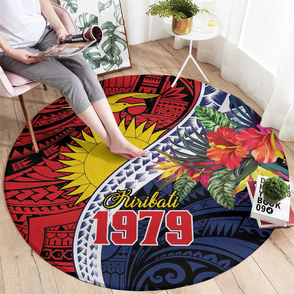 Flag of Kiribati Polynesian Pattern Round Carpet Est 1979 With Tropical Flowers
