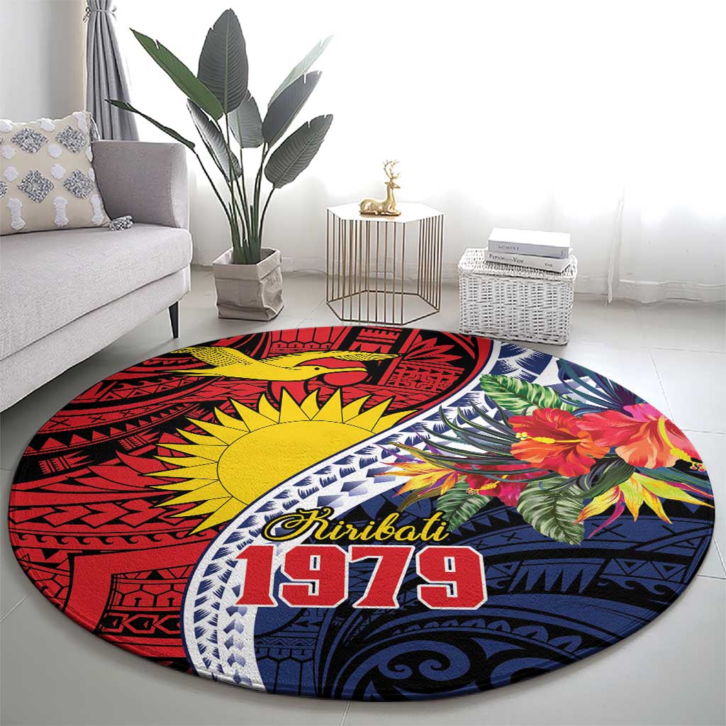 Flag of Kiribati Polynesian Pattern Round Carpet Est 1979 With Tropical Flowers