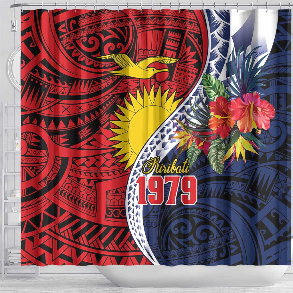 Flag of Kiribati Polynesian Pattern Shower Curtain Est 1979 With Tropical Flowers