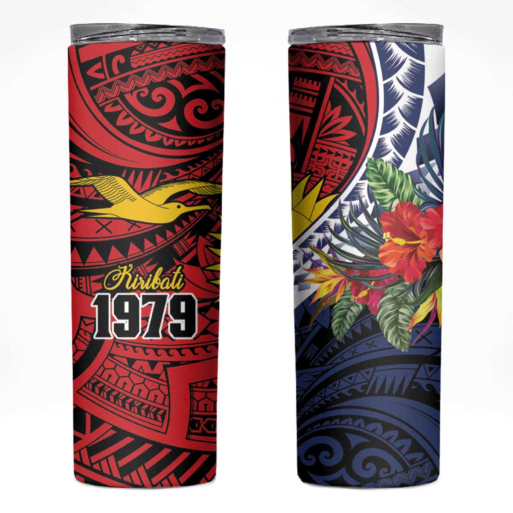 Flag of Kiribati Polynesian Pattern Skinny Tumbler Est 1979 With Tropical Flowers