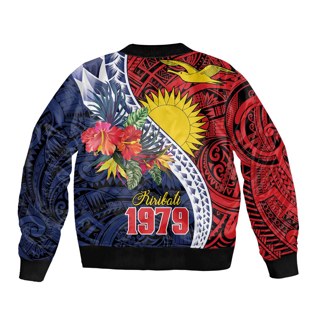 Flag of Kiribati Polynesian Pattern Sleeve Zip Bomber Jacket Est 1979 With Tropical Flowers