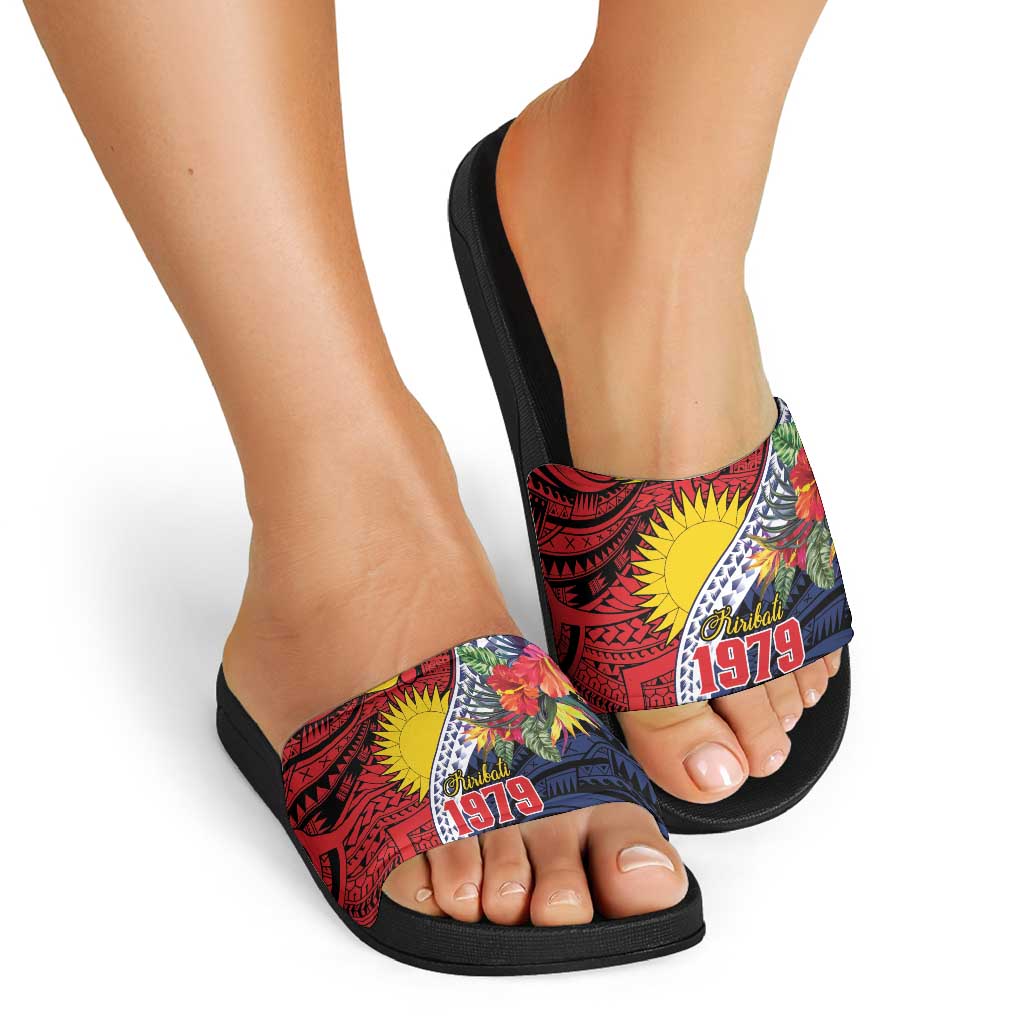 Flag of Kiribati Polynesian Pattern Slide Sandals Est 1979 With Tropical Flowers - Polynesian Pride
