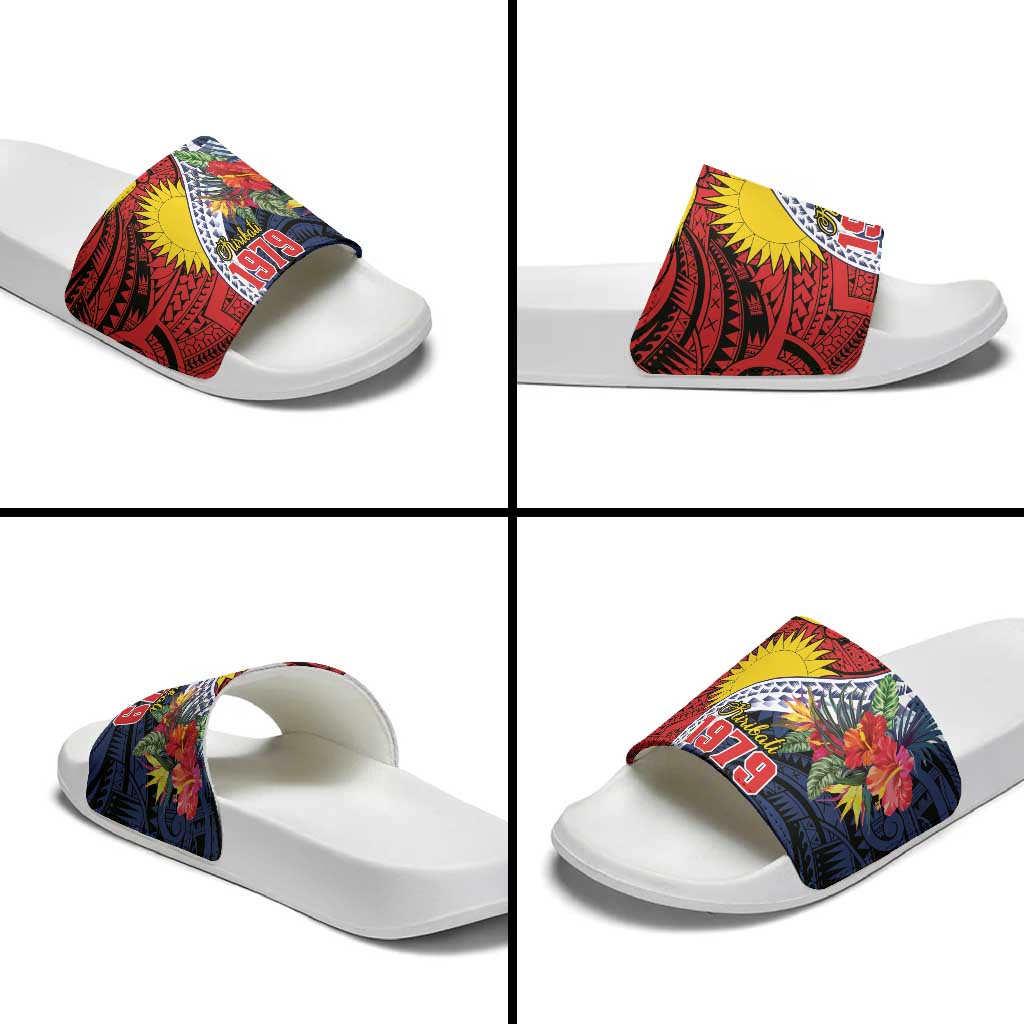 Flag of Kiribati Polynesian Pattern Slide Sandals Est 1979 With Tropical Flowers - Polynesian Pride