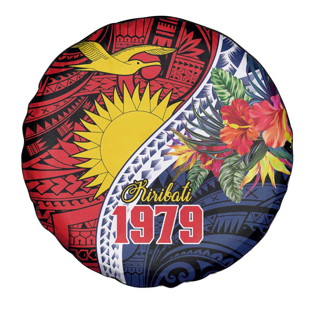 Flag of Kiribati Polynesian Pattern Spare Tire Cover Est 1979 With Tropical Flowers