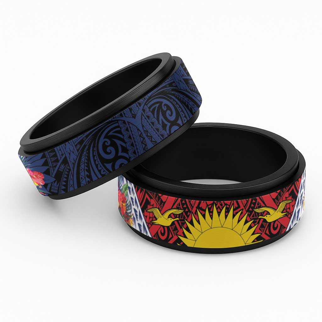 Flag of Kiribati Polynesian Pattern Spinner Ring Est 1979 With Tropical Flowers - Polynesian Pride